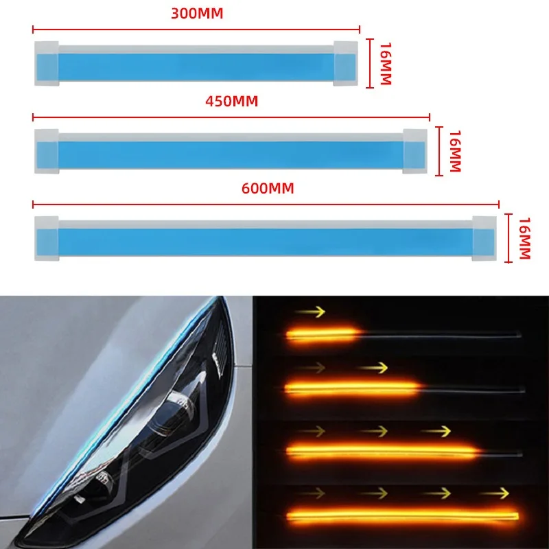 Striscia LED DRL Flessibile Impermeabile 60cm per Auto – Fari Giornalieri Bianchi con Indicatori Gialli e Luci di Frenata 12V