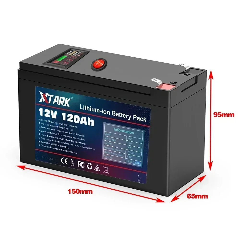 Batteria 12V 120Ah 18650 Litio Ricaricabile per Energia Solare e Veicoli Elettrici con Caricatore 12.6V 3A