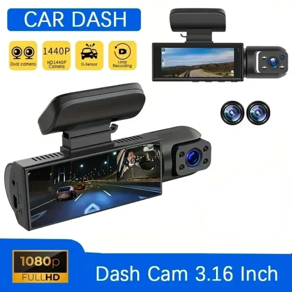 Dash Cam 3.16 Pollici con Doppia Lente: Telecamera Frontale HD, G Sensor e Visione Notturna per Auto