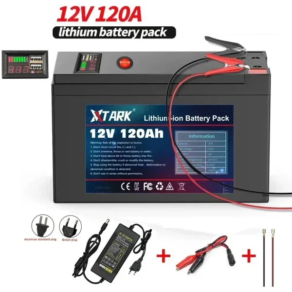 Batteria 12V 120Ah 18650 Litio Ricaricabile per Energia Solare e Veicoli Elettrici con Caricatore 12.6V 3A