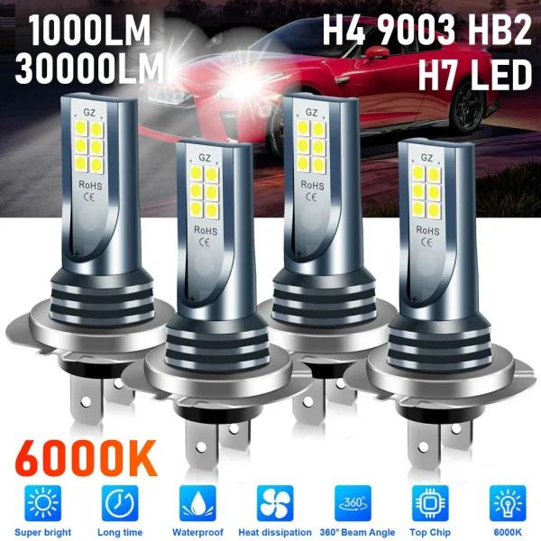 Fari LED H7/H4 6000K Super Bianchi – Luci Anabbaglianti e Abbaglianti per Auto, 80W, Compatibili H4 H8 H11, 12V 24V