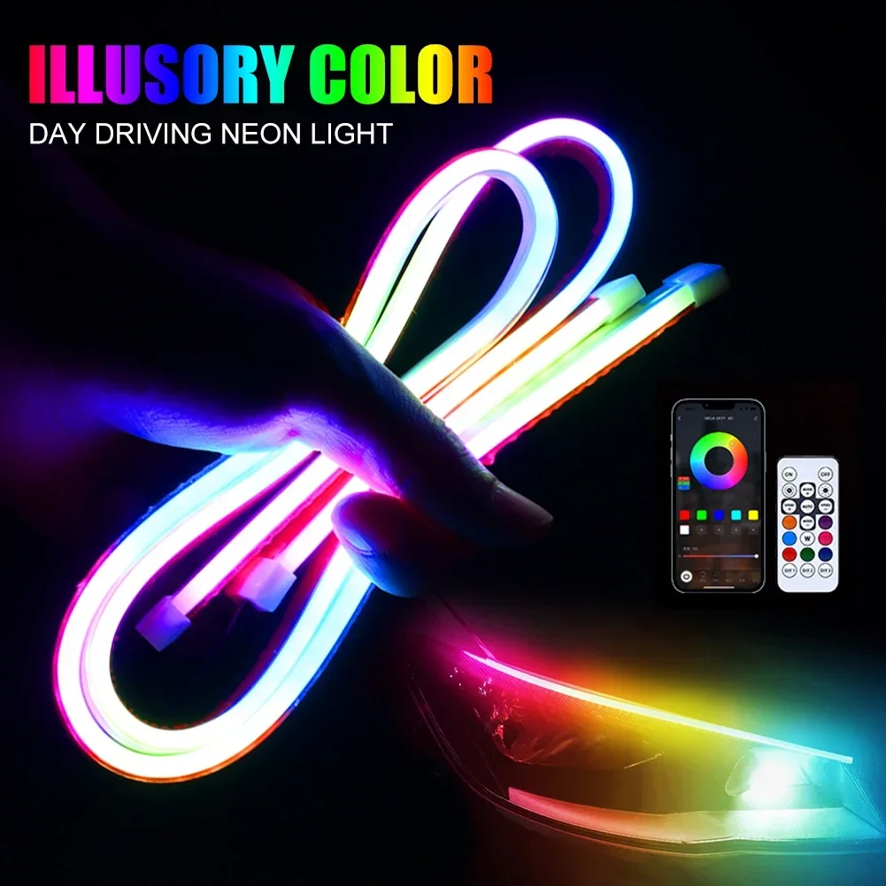 2 Pezzi Striscia LED RGB Flessibile per Auto – Luci diurne Impermeabili con Telecomando per Indicatori di Direzione e Fari Decorativi