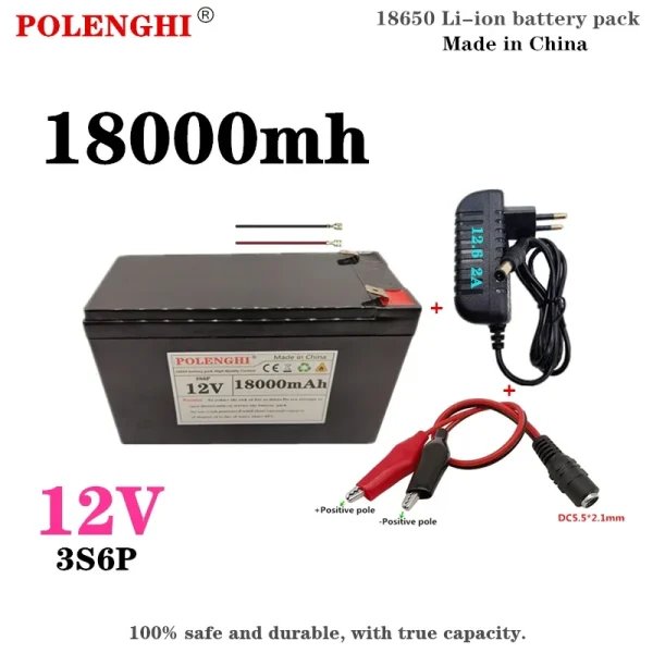 Batteria Ricaricabile 12V 18Ah 18650 con BMS e Caricatore 12.6V 2A per Veicoli Elettrici a Spruzzo