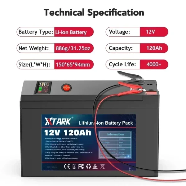 Batteria 12V 120Ah 18650 Litio Ricaricabile per Energia Solare e Veicoli Elettrici con Caricatore 12.6V 3A