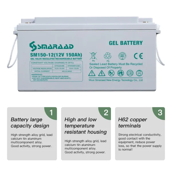 Batteria Gel Sigillata SMARAAD 12V 100AH 250AH per Solare Off Grid, Camper, Caravans e Fattorie – Ciclo Profondo e Senza Manutenzione